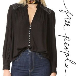 Free People Black Blouse with Embellished Shoulders